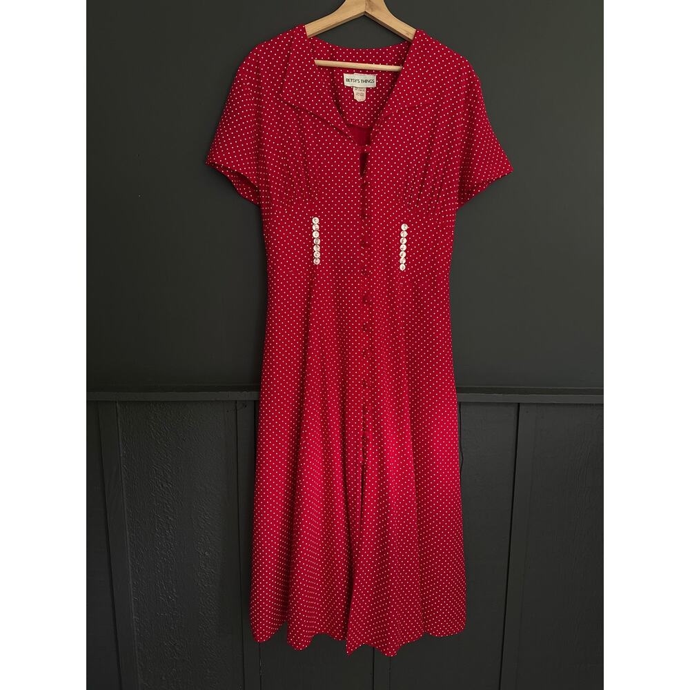 Vintage 80s Red White Polka Dot Button Front Midi Dress Betsy’s Things Size 14